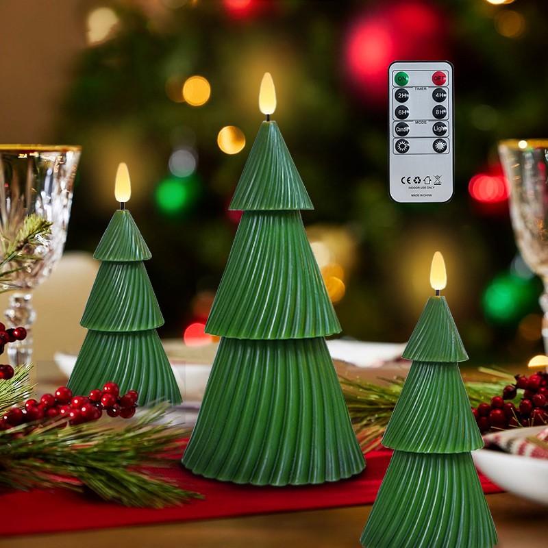Pacote com 3 Velas LED de Natal Sem Chama Castiçais LED Verdes com Temporizador Controle Remoto Velas LED Piscantes 3D para Árvore de Natal
