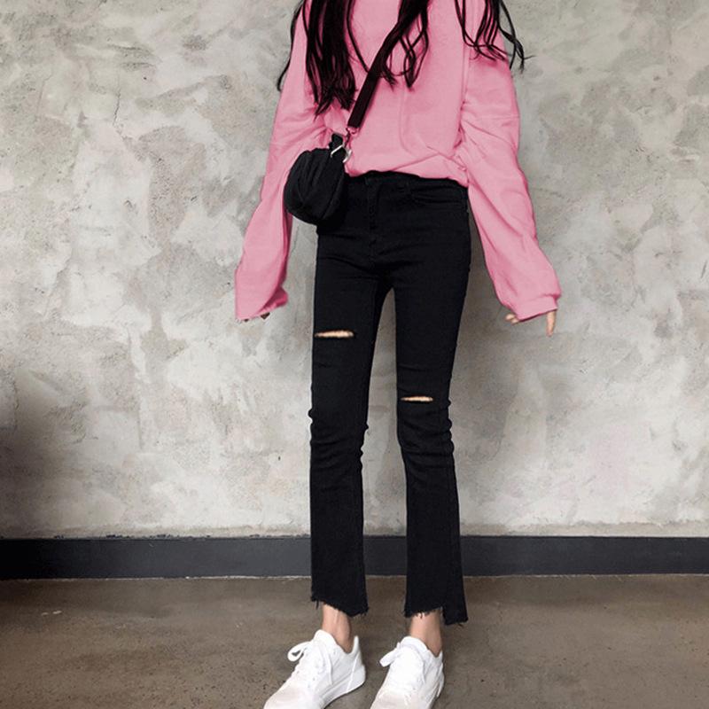 Women's High-Waist Slimming Cropped Flare Pants with Irregular Raw Hem for Spring/Summer.