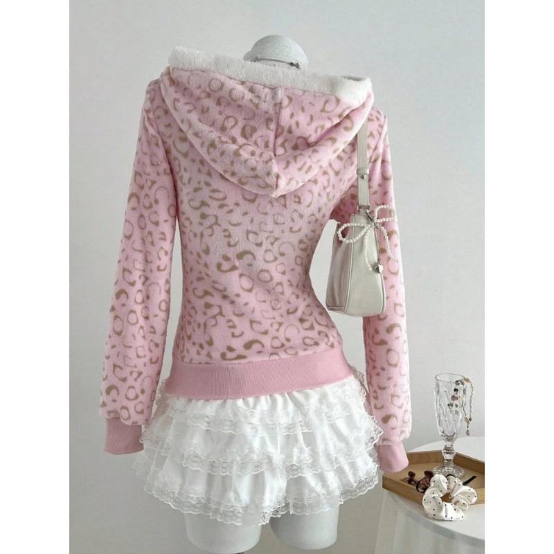 Cute Leopard Pint Hooded Y2k Clothes Aesthetic Vintage Kpop Women's Sweatshirts Zip-up Grunge Gyaru Hoody Gothic