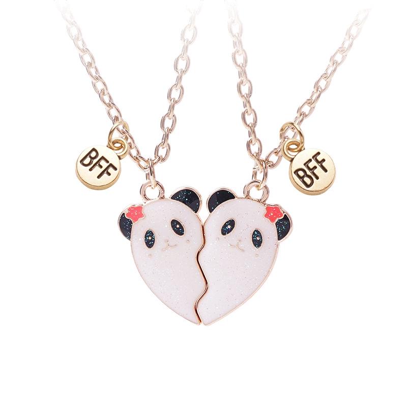 Pink Bear & Panda Friendship Pendant Necklace for Kids - Magnetic Cartoon Splicing Design