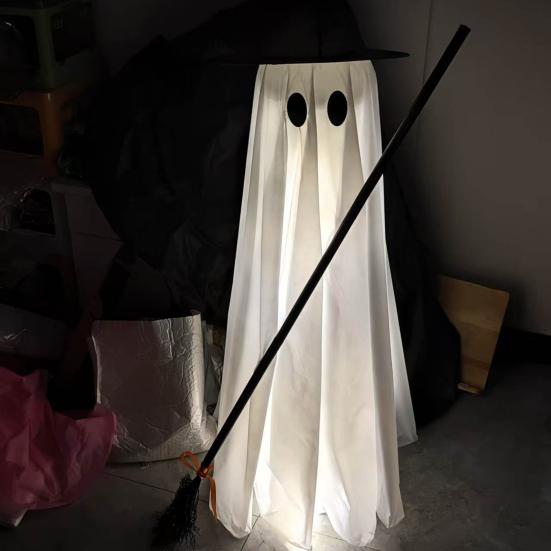 Glowing Ghost Decoration Halloween Light-Up Decoration, Spooky Witch Hat Ornament with LED Yard Light, Broom Decor for Outdoor Lawn Porch Holiday