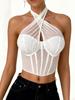 European & American Sexy See-Through Mesh Halter Top with Sequins & Fishbone Rhombus Pattern