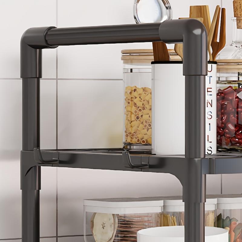 Open Storage Kitchen Rack with Microwave Oven Compartment - Durable Plastic, Two-Tier Design for Efficient Organization, Features Utensil Holders