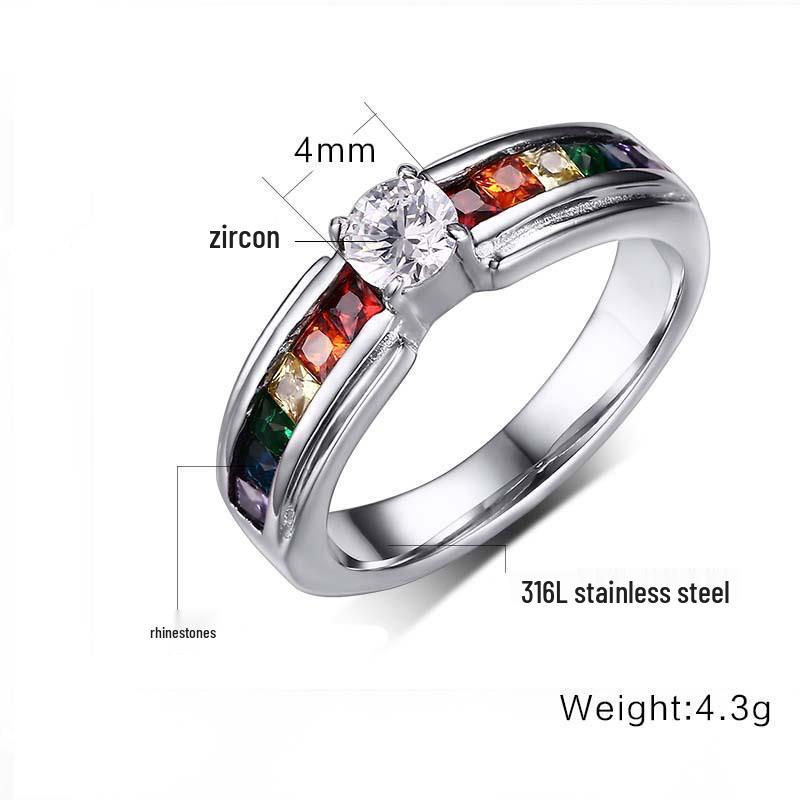 Six-Color Zirconium-Inlaid Titanium Steel Women's Ring - PR-008