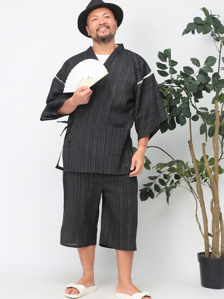 CLUB Sakazen Plus Size Shijira Weave Top and Bottom Jinbei Black X1 To B&T (B&T Club) Men's Yarn-Dyed Set, Loungewear, / (equivalent 3L-4L)