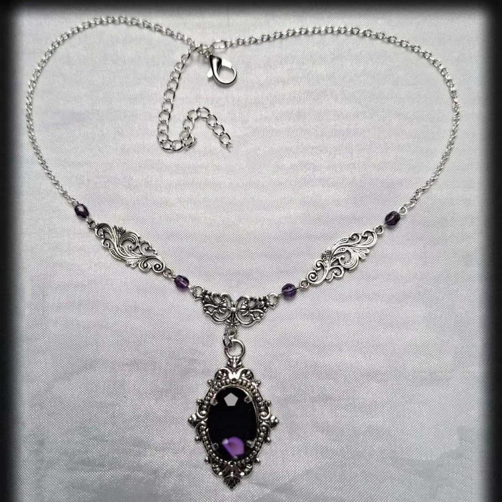 Victorian Gothic Necklace With Deep Purple Glass Gem Alloy Pendant For Women