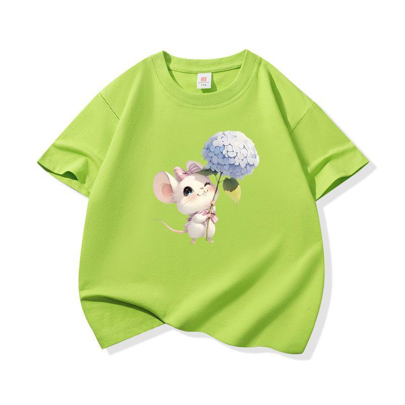 Kids Cotton T Shirt Mouse Holding Hydrangea Flower Print Crew Neck Short Sleeve Tee Casual Boys Girls Summer Tops