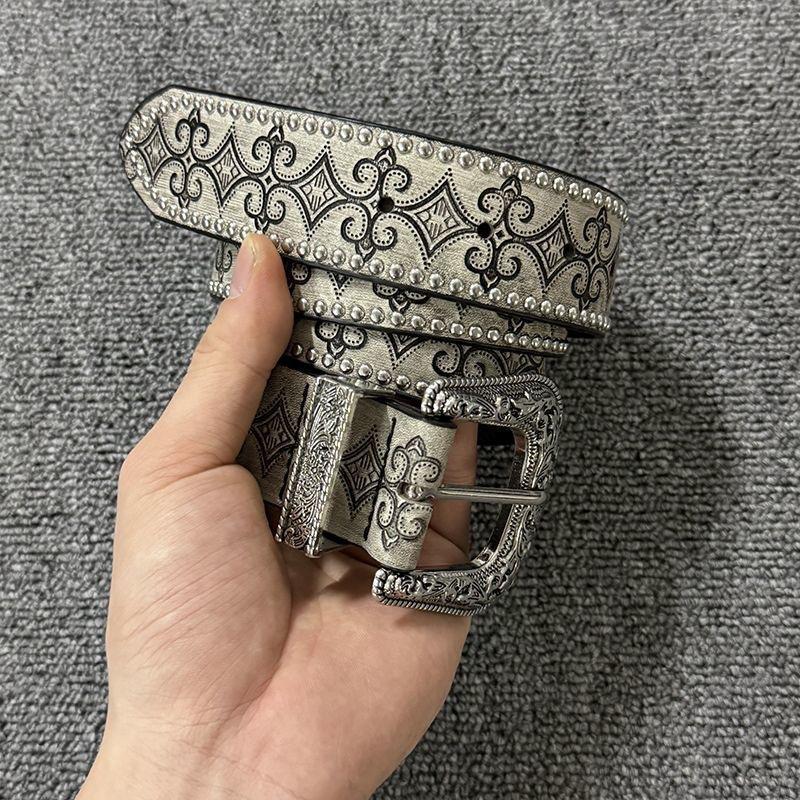 Vintage Western Rivet Belt Silver Carved Metal Buckle Unique Design Simple Belt for Women