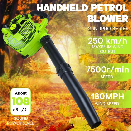 2-Stroke Handheld Leaf Blower Gas Powered Leaf Blower 26cc Handheld Gas Blower Powerful Clearing Blower for Lawn Care Snow Blowing(Green)