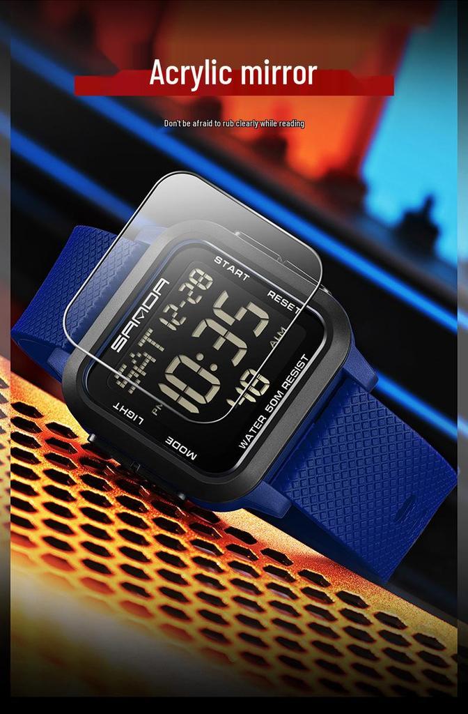 Sanda Student Sports Watch - Waterproof, Luminous Large Dial, Countdown Timer, Multifunction Alarm Clock, Square Electronic Design