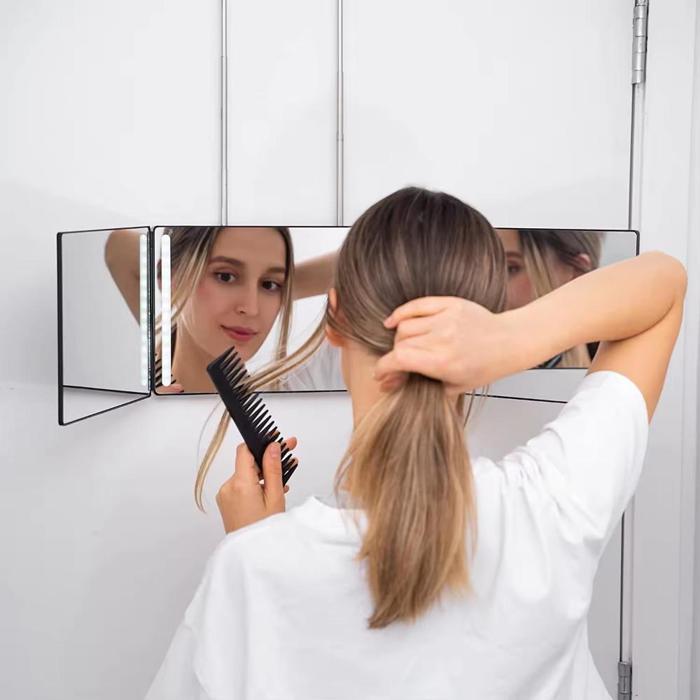 Retractable Hanging Three-fold Mirror for Home Haircutting and Bathroom Use