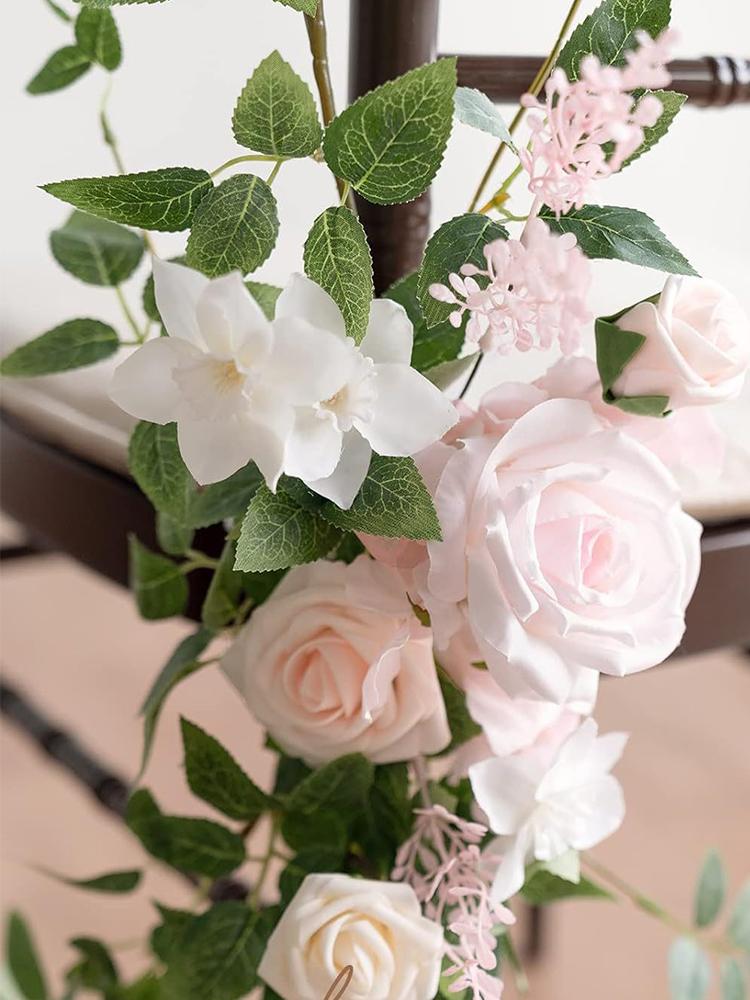 2pcs Wedding Chair Back Flowers with Rose Floral Leaf Gauze Artificial Flowers Chair Bench Flowers for Wedding Ceremony