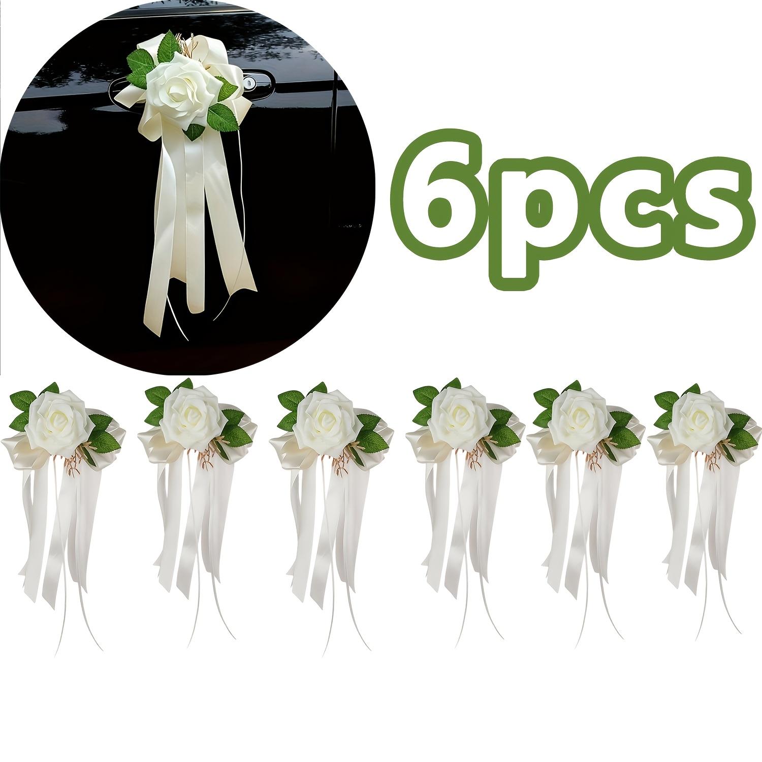 

A Set Of 6Pcs Wedding Car Rearview Mirror Decorative Flowers, European And American Vintage Bow Door Handle Decorations, Artificial
