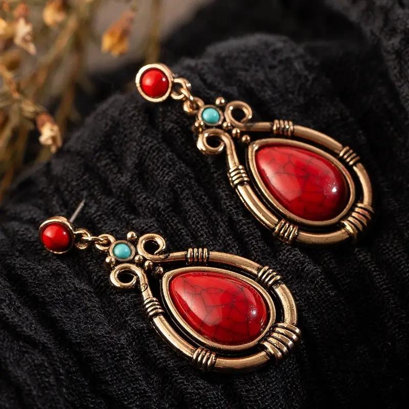 1pair Fashion Vintage Natural Red Stone Turquoise Water Drop Shaped Dangle Earrings for Women, Holiday Banquet Jewelry Gift