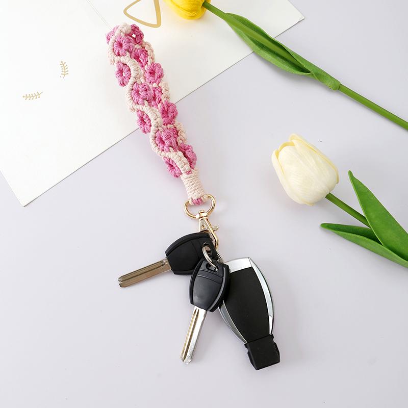 1Pc Bag Decoration Bohemia Knitted Keychain Grace Rose Pendant Prevent Loss Wrist Strap Mobile Phone Lanyard Hand Woven