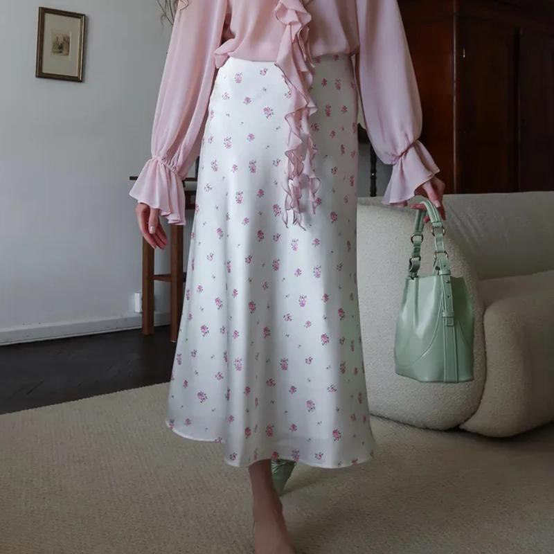 2026 Satin Printed Long Skirt Women Summer High Waist A-Line Skirt Casual Office Lady Elegant Female Printed Loose Skirt