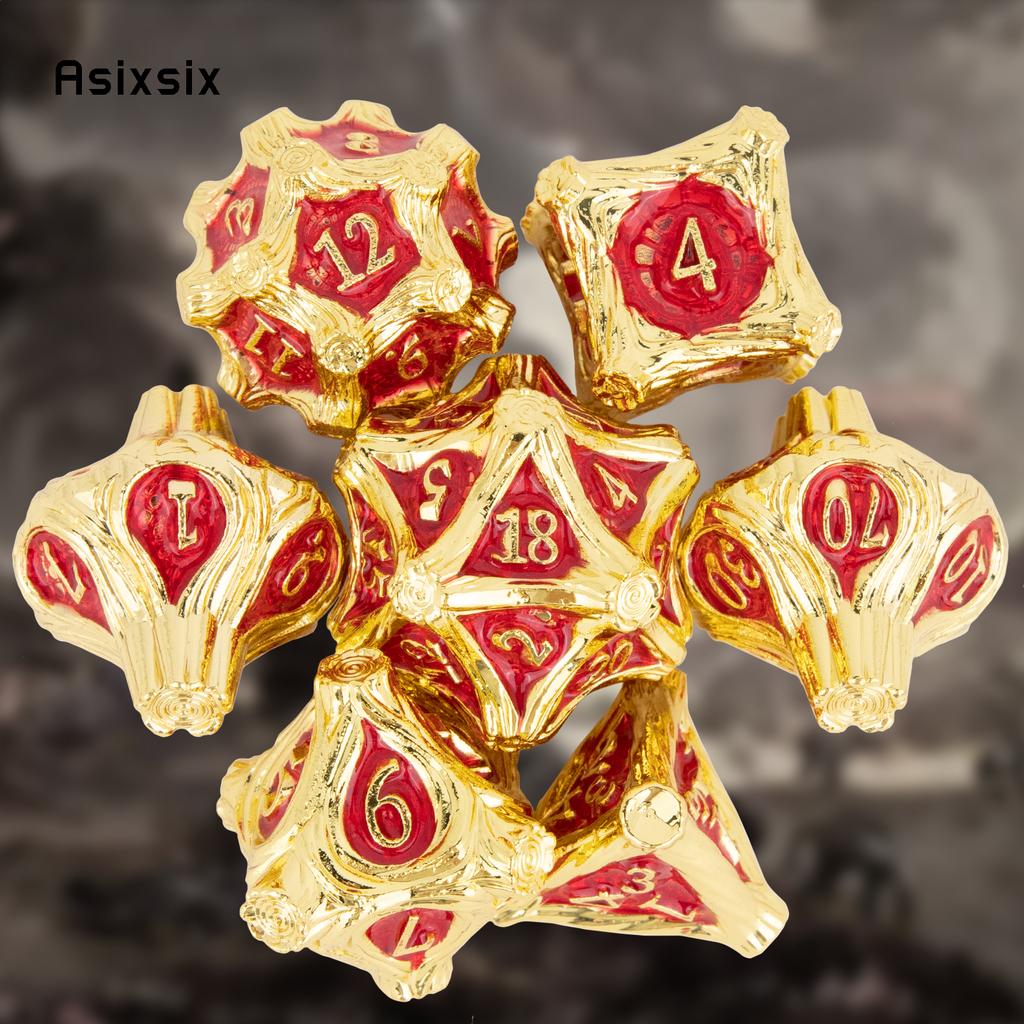 7 Pcs Golden Red Tree Stump Root Metal Dice Solid Metal Polyhedral Dice Set Suitable for Role-Playing RPG  Board Game Card Game