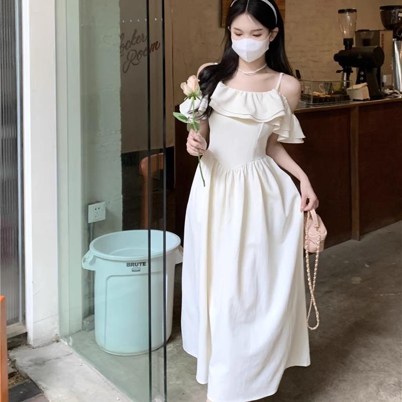 One-word Shoulder Suspender Dress Summer Women's Women's Clothing New French Ruffle Edge Waist Slim Skirt