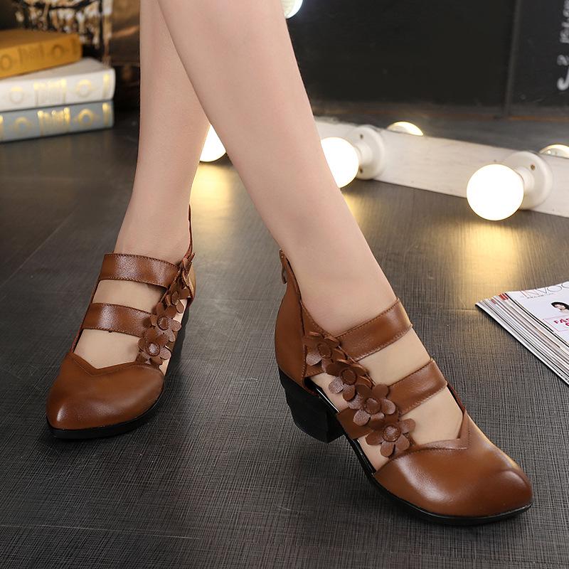 Comemore Genuine Leather Chunky-Heel Women's Sandals Flower High Heels Luxury Summer Sandal for Women 2025 High-heeled Shoes Red