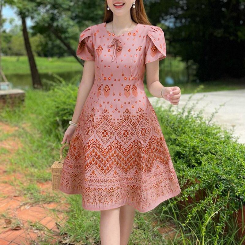 

ZANZEA Женское повседневное летнее платье с круглым вырезом и коротким рукавом с принтом 5XL розовый