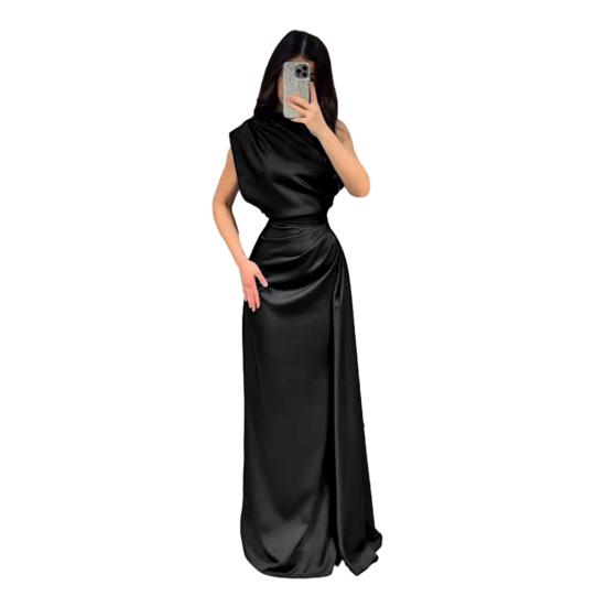 Women s Summer Satin Sleeveless Crew Neck Evening Maxi Dress Ruched Long Prom Dress S чёрный