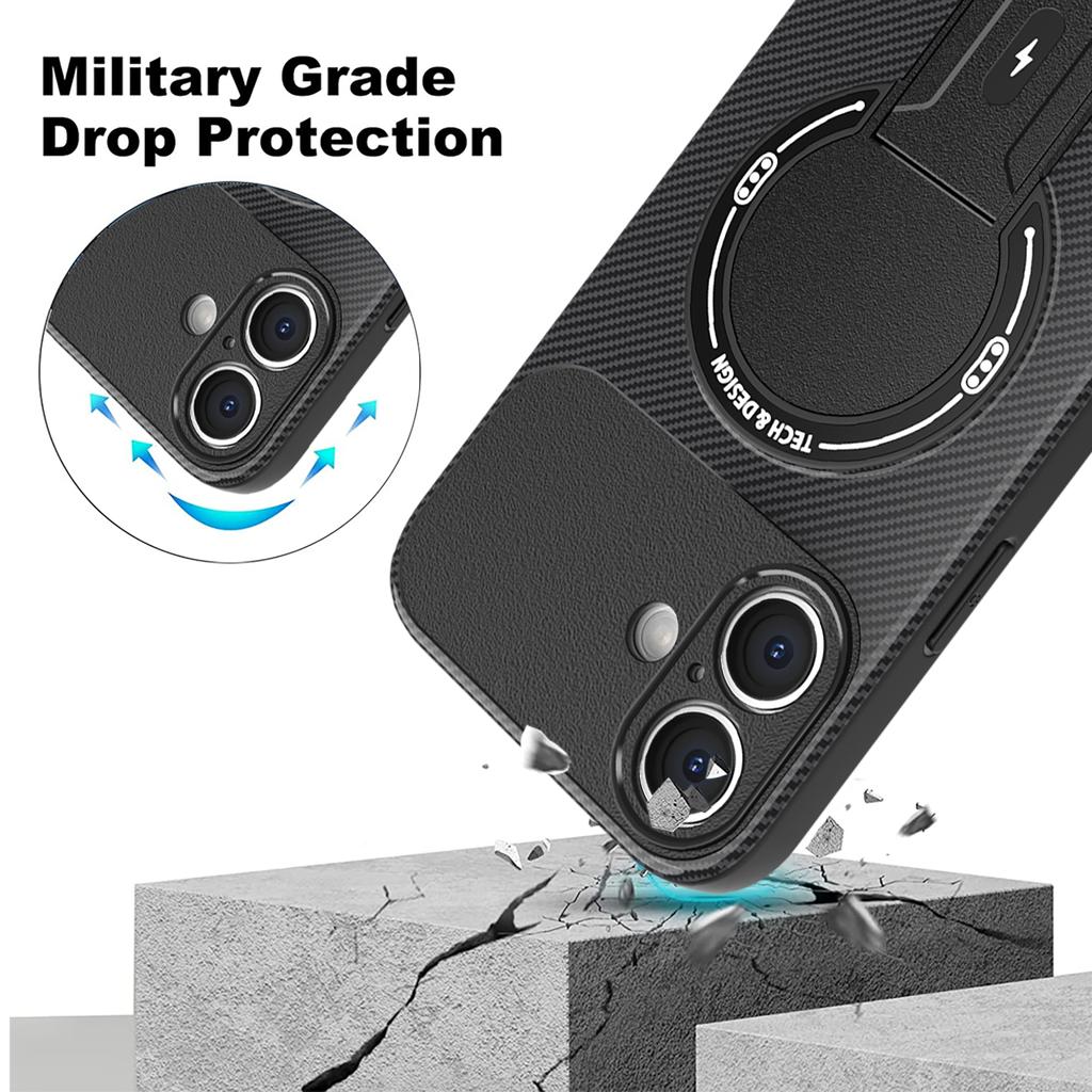 For iPhone 17 Case with Kickstand Carbon Fiber Texture PC+TPU Phone Cover