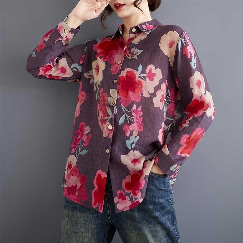 Literary Large-size Casual Shirt Women's Spring New Single-breasted Flower Print Long-sleeved Shirt Shirt Sunscreen Shirt