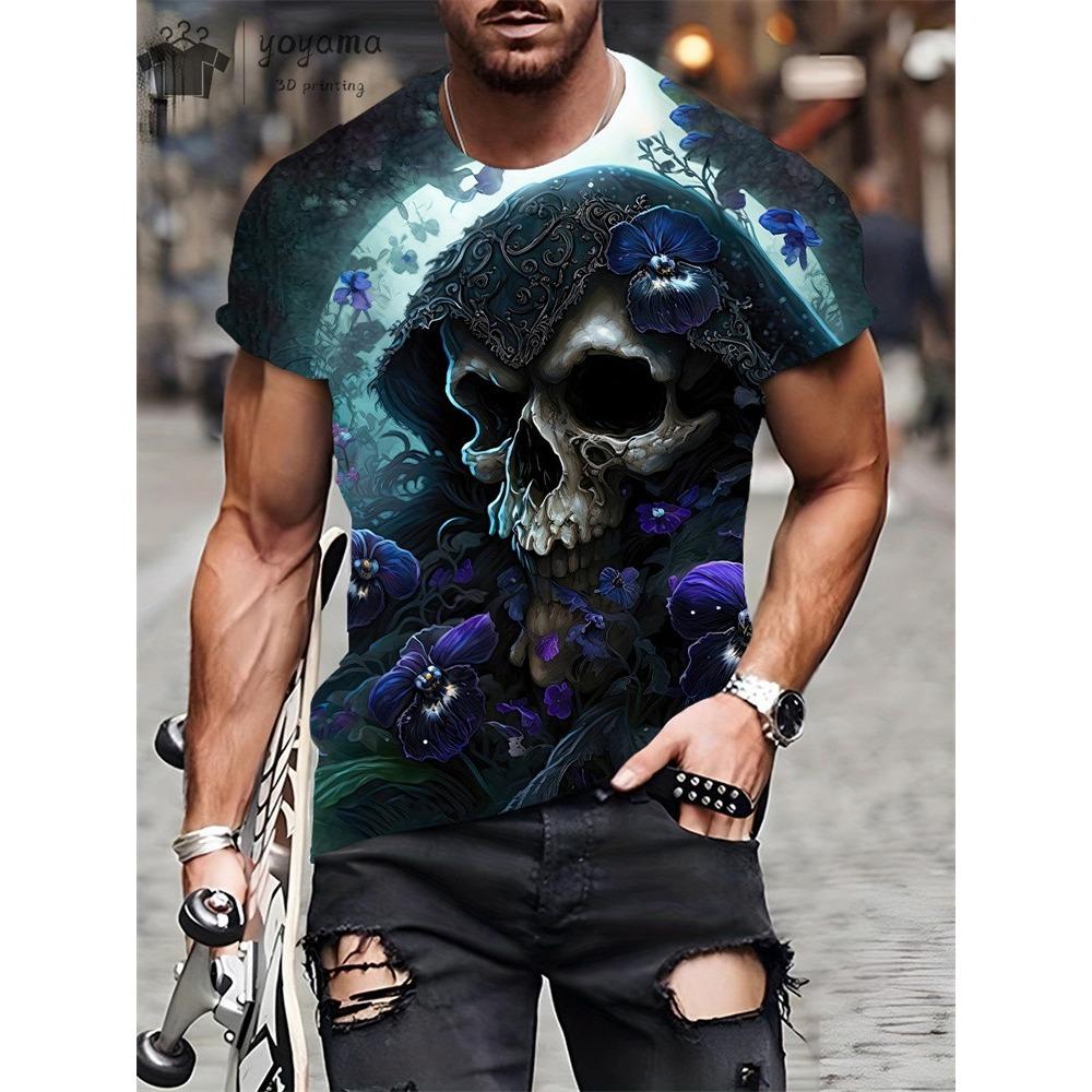 Skräckskalletryck för män T-shirt 3D-tryck Vintage o-halsad kortärmad mode överdimensionerade T-shirts Herr sommar streetkläder