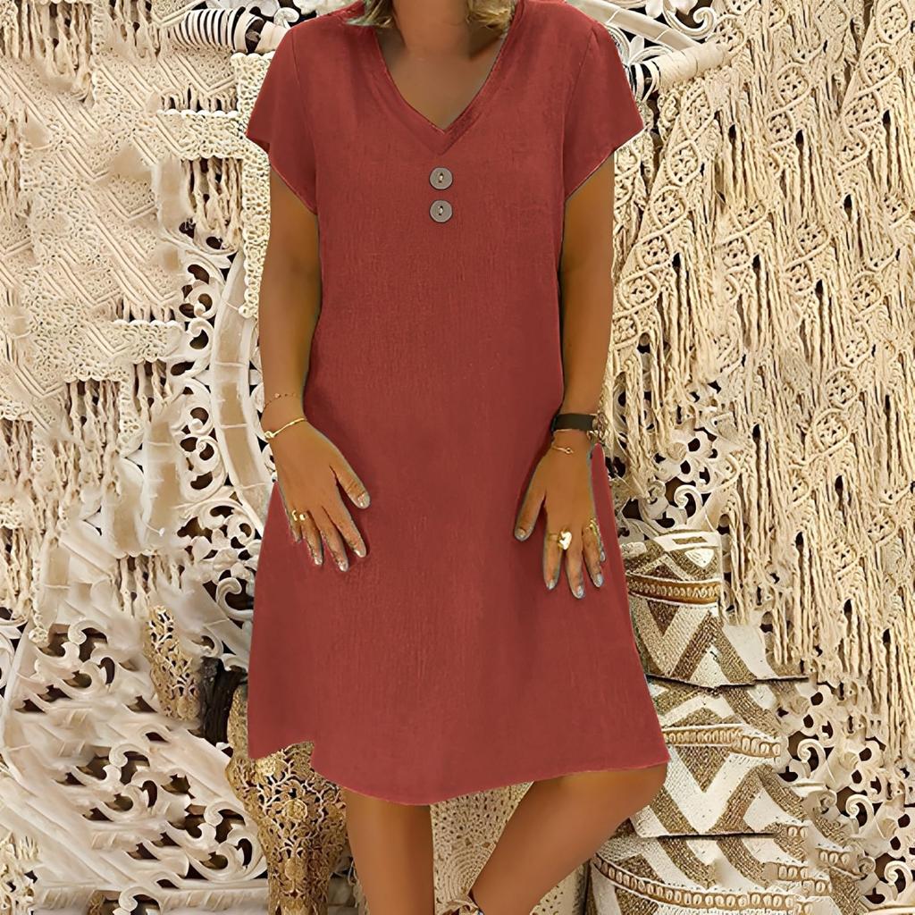 Women's Fashionable Retro V-Neck Short-Sleeve Casual Cotton-Linen Dress