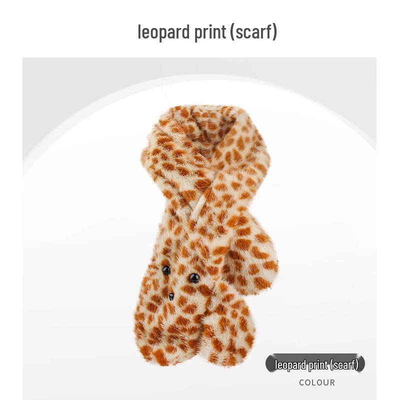 Women's Thickened Warm Scarf & Little Bear Fisherman Hat with Neck Protection, Trendy Cartoon Leopard Print Color Block.
