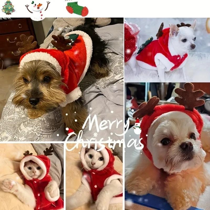 1pc Christmas Dog Costume Festive Red Hoodie with Antlers Pet Outfit Winter Cozy Coat for Small Puppy Chihuahua Yorkshire