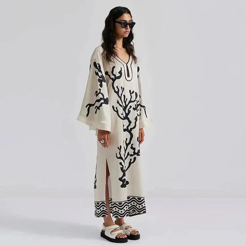 Loose Printed V Neck Women Dress Long Flare Sleeve Side Split Casual Holidays Dresses Spring Summer Elegant Beach Lady Robe