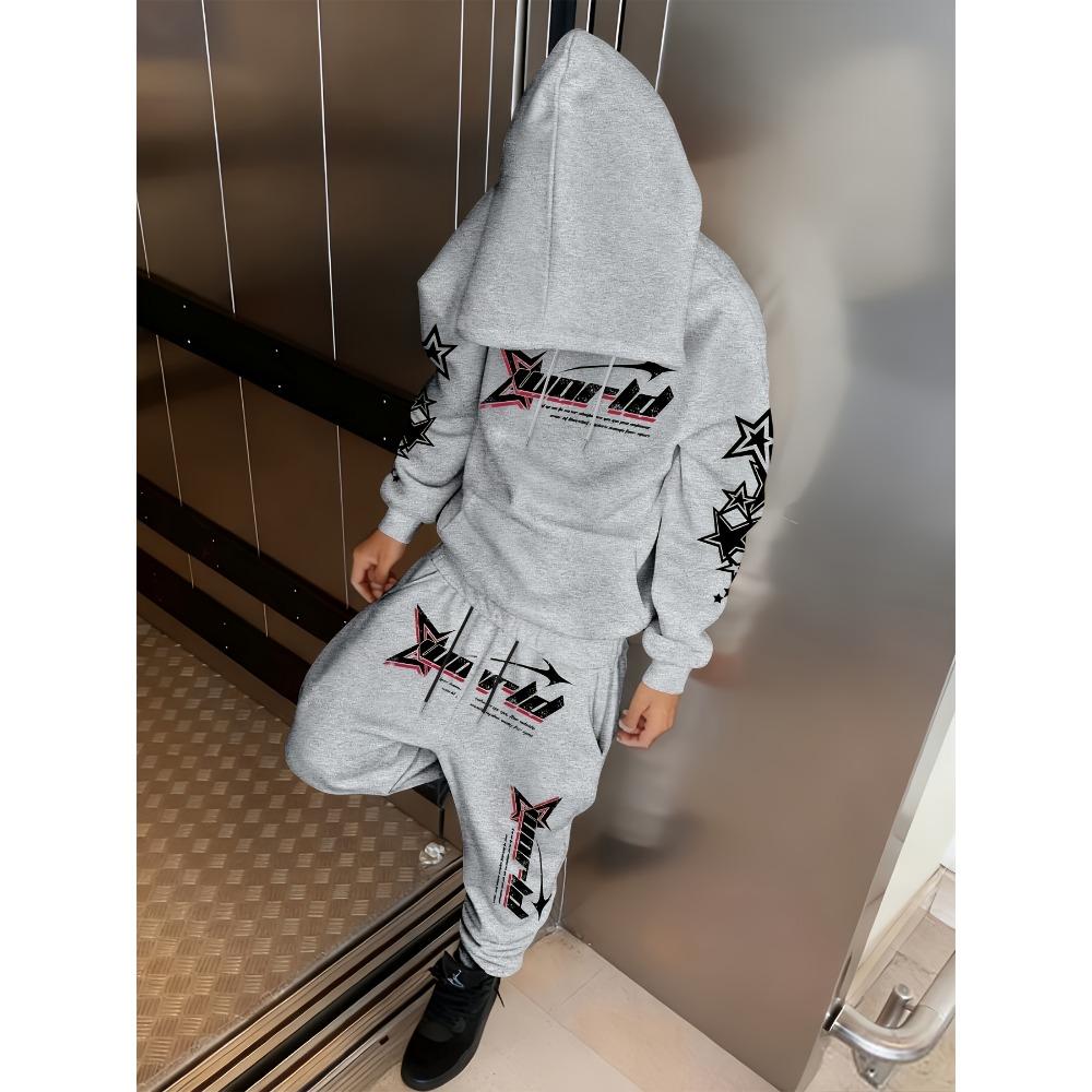 Modny męski dwuczęściowy zestaw casualowy, składający się z bluzy z kapturem na sznurki z nadrukiem oraz pasujących spodni dresowych na sznurki, fajny i modny zestaw