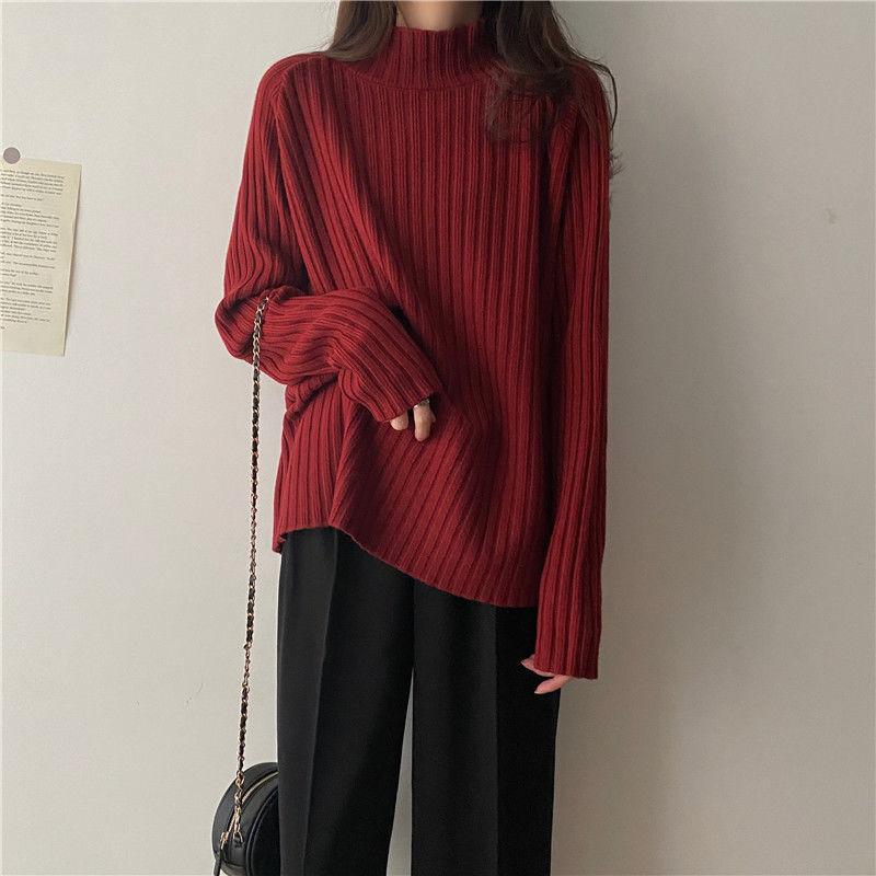 Half Turtleneck Knitted Sweater Loose Solid-color Sweater for Women Casual and Versatile Pullover for Autumn and Winter Outerwear