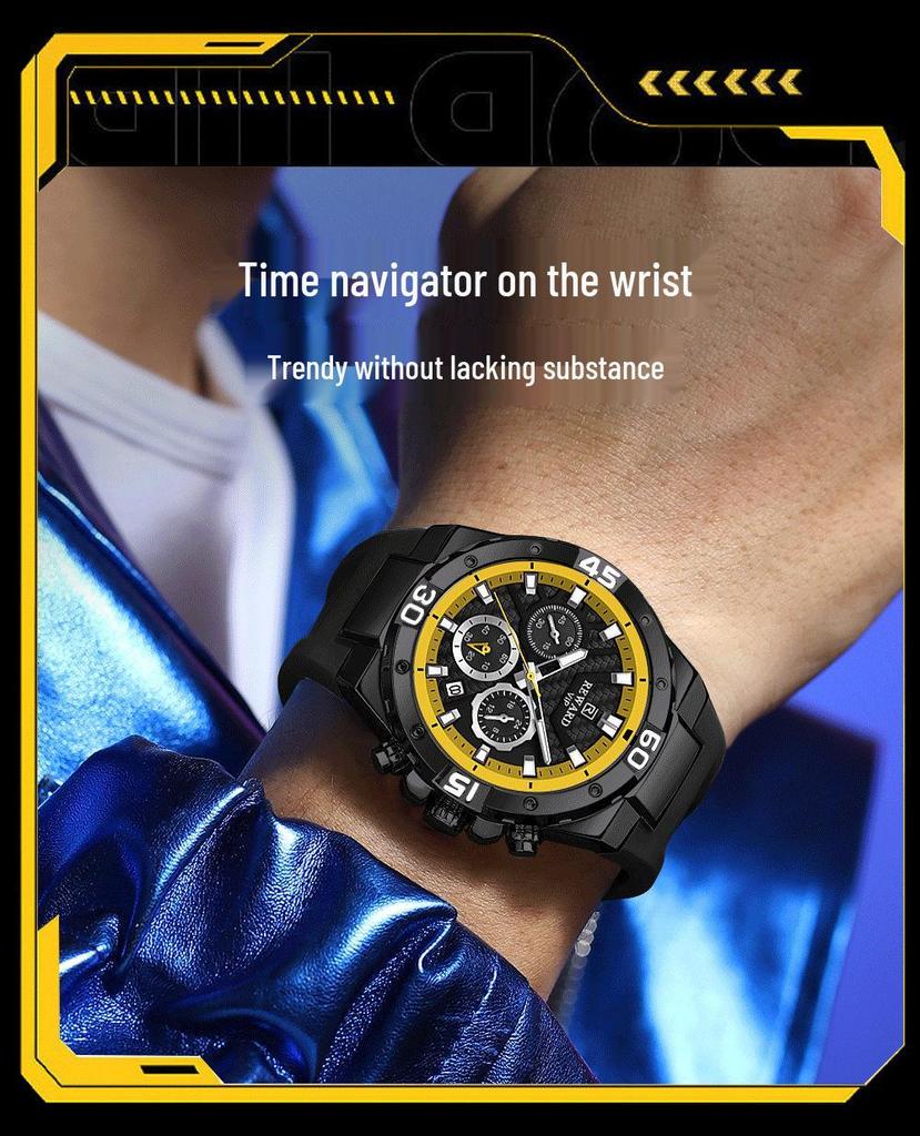 Reward Fashion Multifunctional Quartz Sports Watch: Waterproof, Luminous, Silicone Strap, Three-Eye, Six-Hand Design for Men.