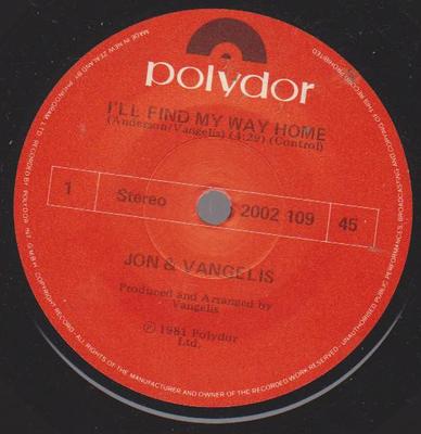 7-Zoll-Schallplatte JON & VANGELIS – I'll Find My Way Home 2002109 POLYDOR 1981 Neuseeländische Dance- und Elektronikmusik (gebraucht)