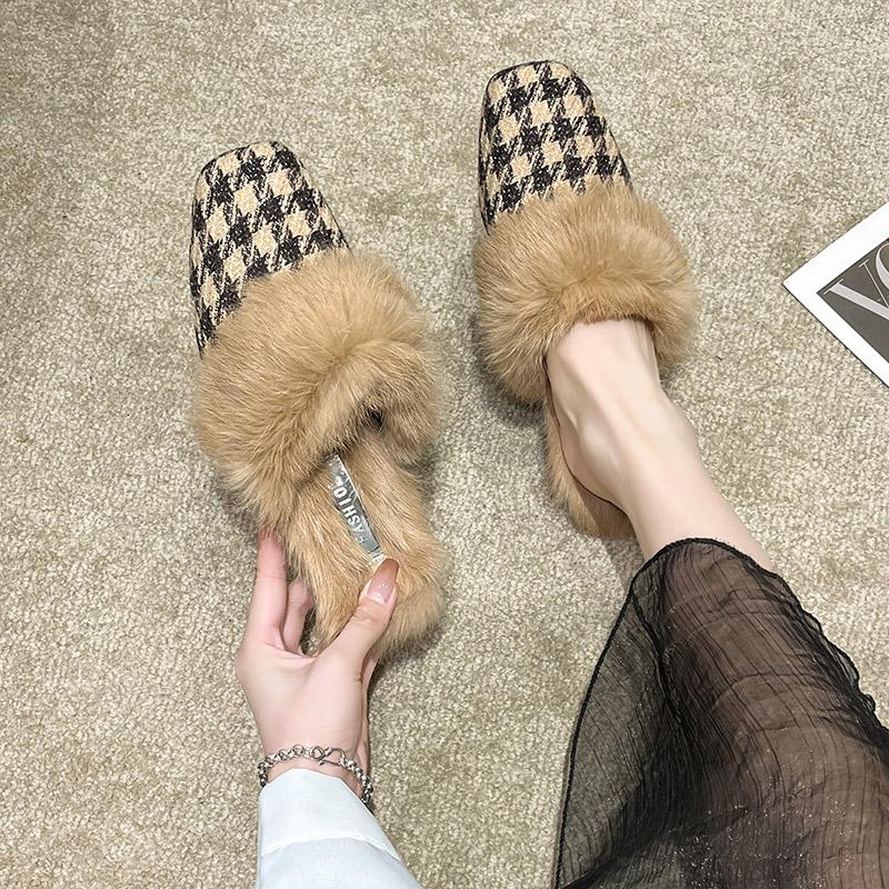 Fashion Aphixta Winter Gingham Upper Long Real Rabbit Fur Plush Women Slippers Nature Warm Furry Shoes Square Toe Flat Heel Hair Slides