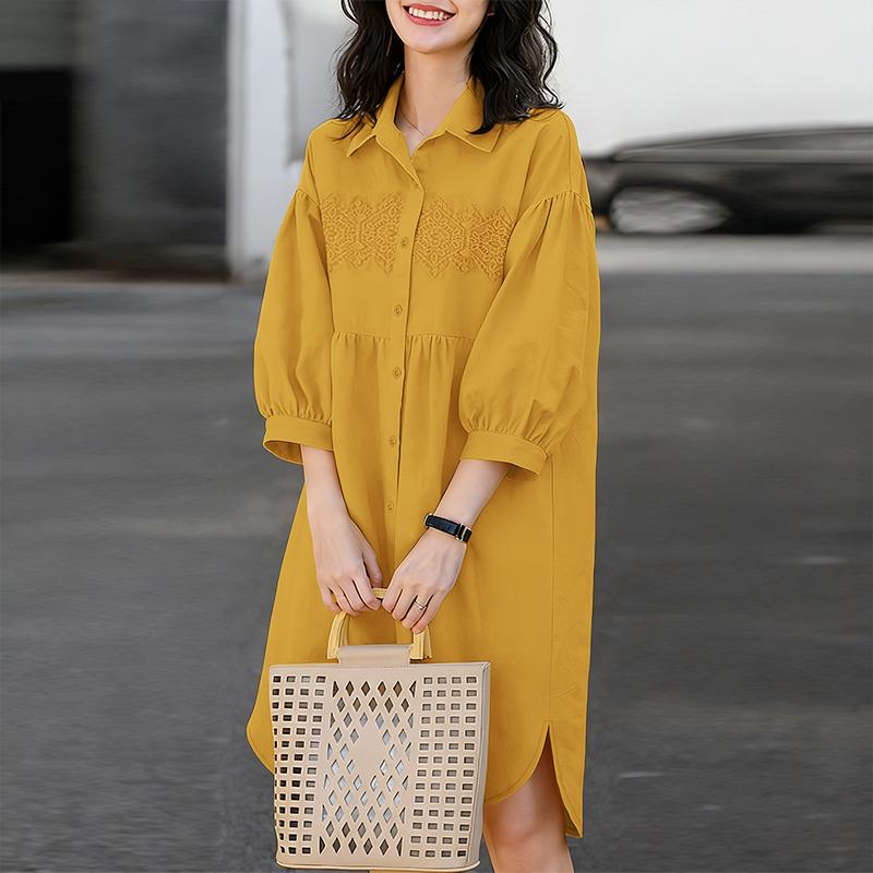 ZANZEA Women Casual Turn Down Collar 3/4 Sleeve Lace Splice Loose Shirt Dress S жёлтый