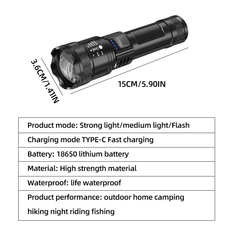 Super Bright LED Flashlight Type-C Rechargeable Long Range Tactical Torch Outdoor Waterproof Emergency Camping Fishing Lantern