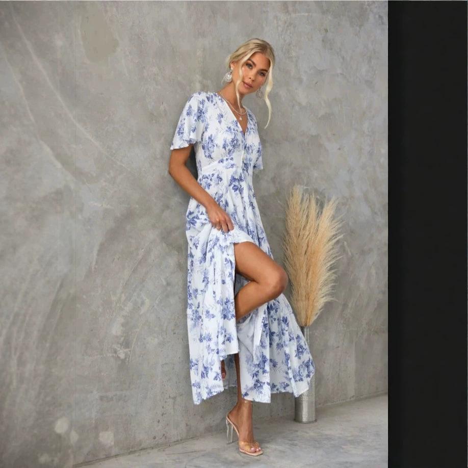 European and American New Large-size Women's Clothing for Printed Dresses, Short-sleeved Waist A-shaped Long Dresses for Women's French Retro