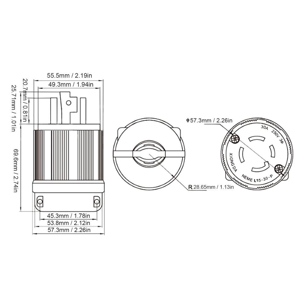 30A 250V NEMA L15-30P Plug Twist Locking 3 Pole - 4 Wire Locking Plug Heavy Duty US Standard Generator Connector