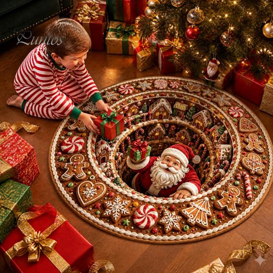 Winter Welcome Mat 3D Christmas Round Rug, Optical Illusion Area Santa Claus Deep Hole Festive Indoor Floor Prints, Non-slip Rug for Entrance