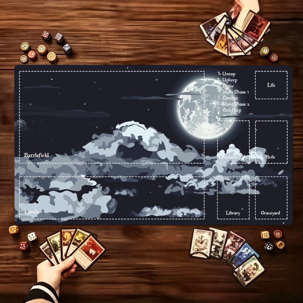 Moonlit Ocean Waves Pattern Game Playmat Non Slip Rubber Smooth Extended Table Mat For Trading Card Game Board Game Enthusiasts