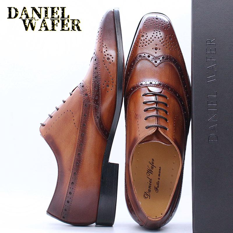 Fashion Size 38 To 47 Classic Genuine Leather Mens Wingtip Oxfords Office Business Formal Shoes Lace-up Brogue Wedding Shoes for Men