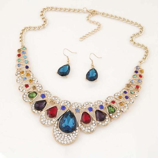 2ks/sada Přehnané náušnice s ušlechtilým náhrdelníkem Vícebarevné náušnice s přívěskem z umělého drahokamu