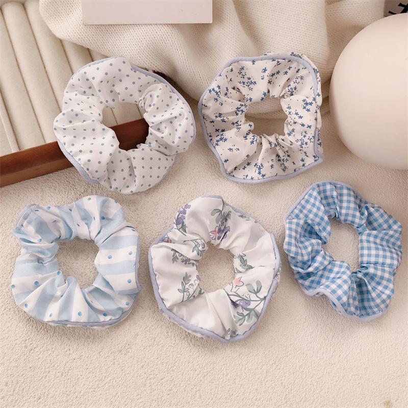 Sea Salt Blue Polka Dot Floral Plaid Large Hair Scrunchie Sweet and Versatile Fabric Hair Tie Hair Accessory
