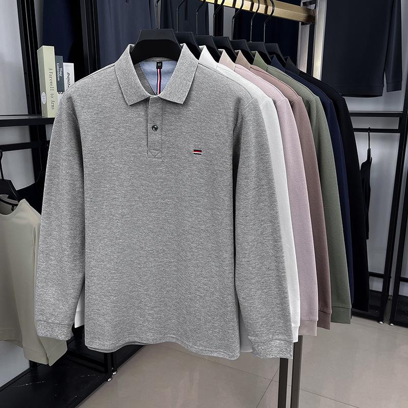 Men's Pure Cotton Embroidered Long-Sleeve Polo Shirt - Business Casual, Solid Color, Versatile for Spring and Autumn