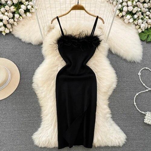 RUGOD France Sexy Knitted Club Dress Women Sleeveless Split Sundress Vintage Short Dress Feathers Montage Green Slim Dress