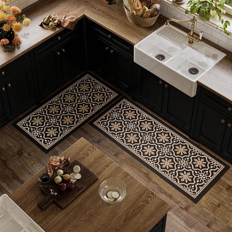 Kitchen Floor Mat Waterproof Non-slip Wash-free Carpet PVC Leather Strip Rugs American Black and White Home Decoration Foot Mats