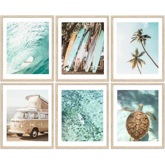 EVPYXFUT Set of 6 Tropical Beach Canvas Wall Art Surf Poster Summer Ocean Coastal Pictures Turtle Print Palm Tree Surfboard Gallery Paintings